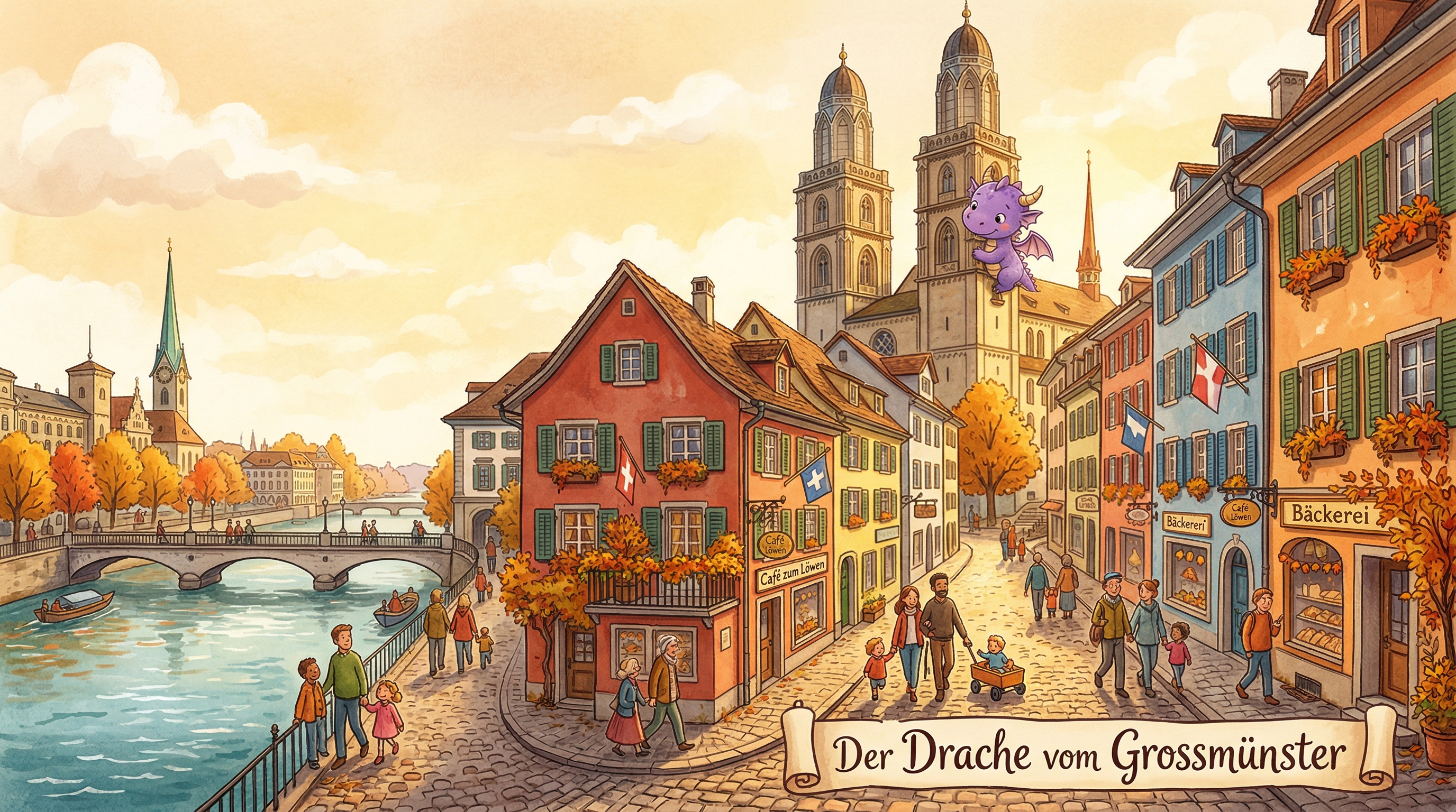 Zürcher Altstadt mit Grossmünster und Kindern